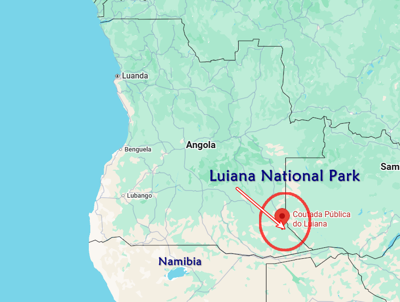 Mapa de Angola com destaque em vermelho para o Parque Nacional Luiana e localização de Coutada Pública.