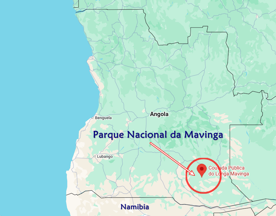 Mapa de Angola com destaque no Parque Nacional da Mavinga e localização marcada em vermelho.