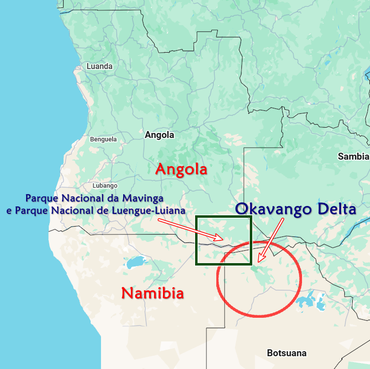 Mapa da Angola com os parques e o Delta do Okavango.