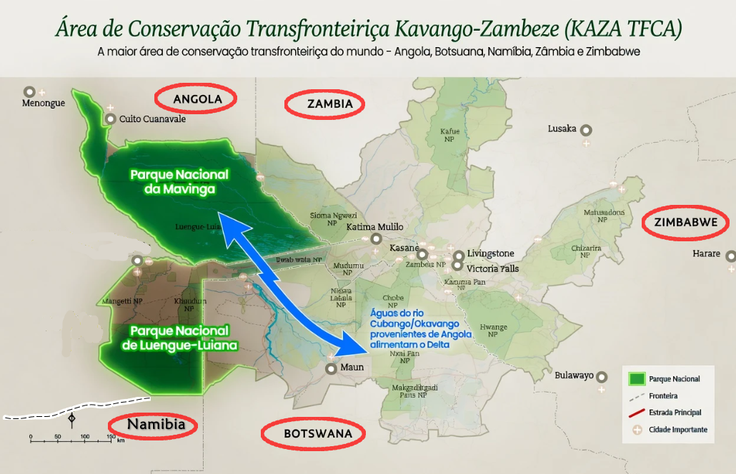 Mapa da Área de Conservação Transfronteiriça KAZA, com parques nacionais e setas indicando o Delta do Okavango.