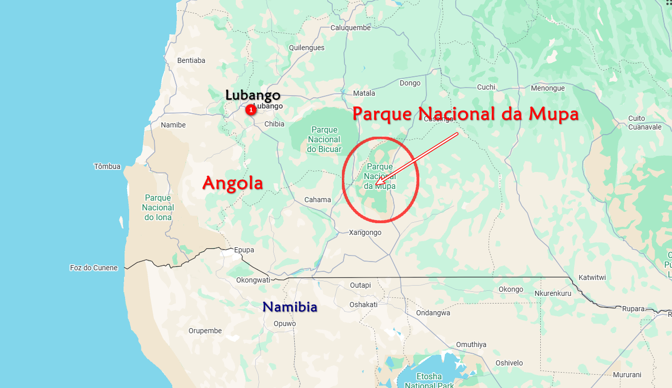 Mapa da Angola e Namíbia com destaque em Parque Nacional da Mupa