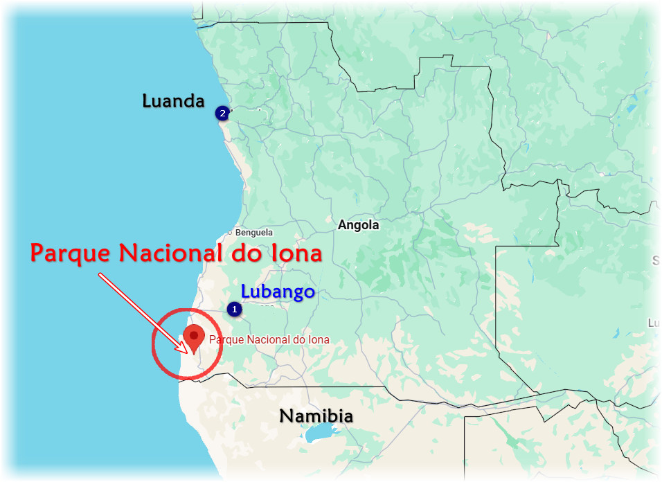 Mapa de Angola com destaque no Parque Nacional do Iona
