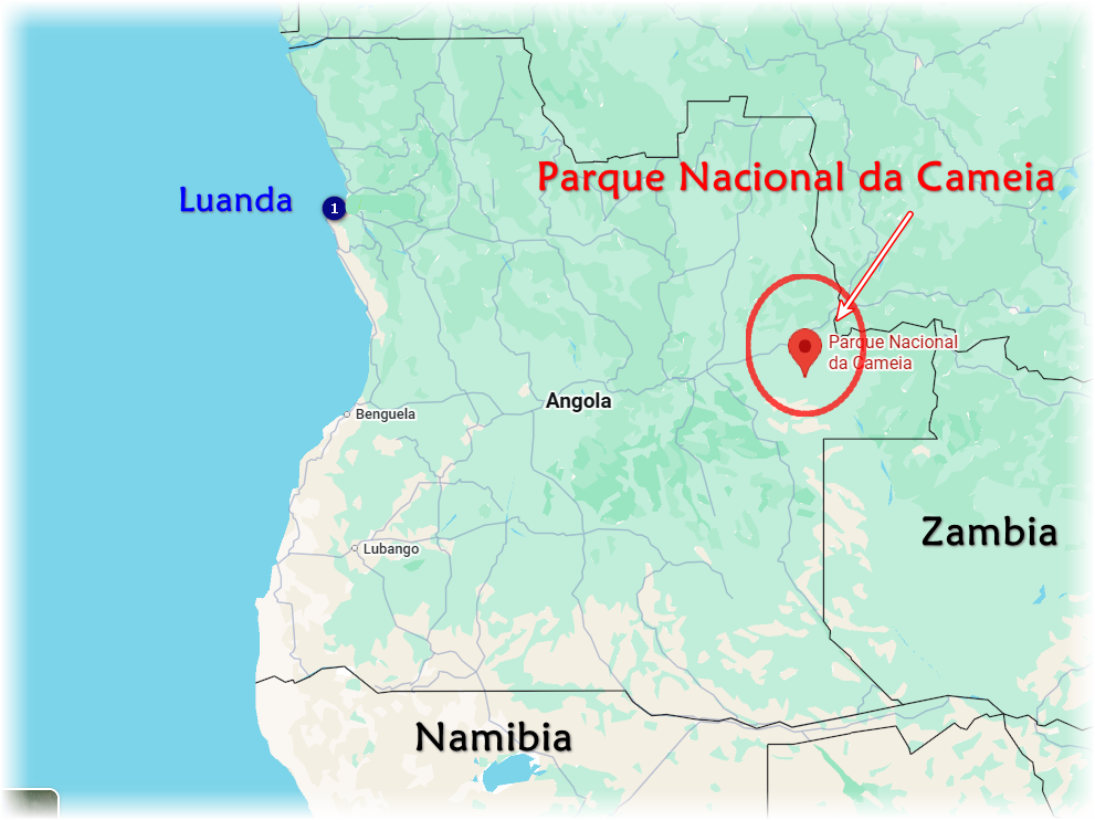Mapa de Angola com destaque em vermelho para o Parque Nacional da Cameia