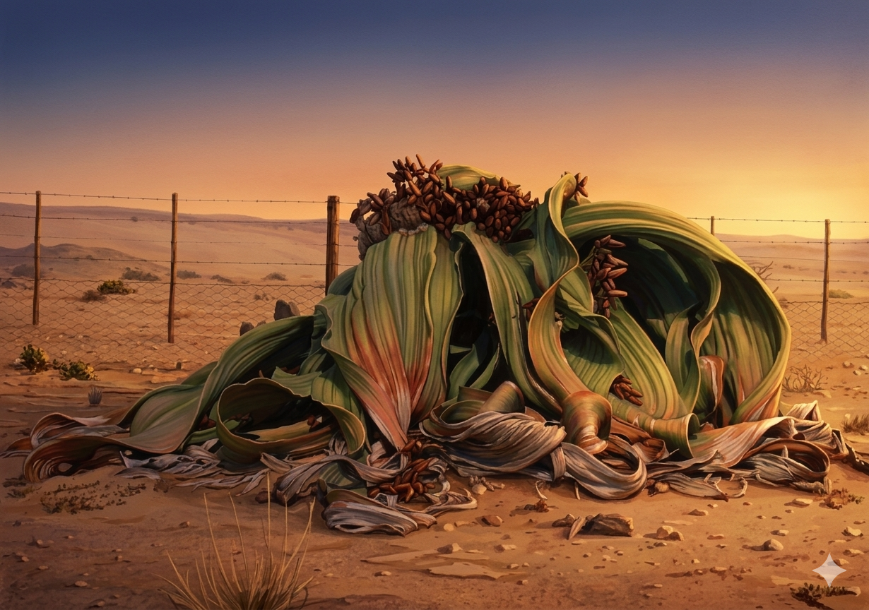 Welwitschia mirabilis - illustration.png- Montanha de folhas e sementes coloridas em deserto árido, cercado por arame e céu ao pôr do sol.