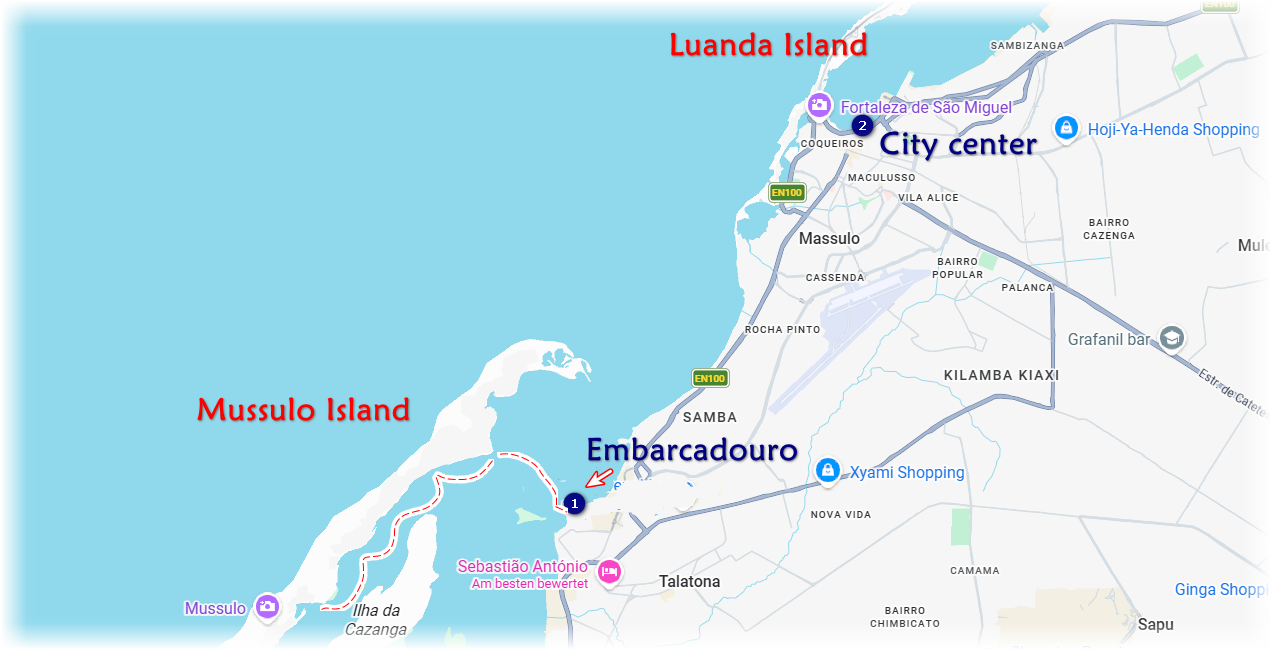 Map showing Luanda Island, Mussulo Island, and Embarcadouro with labeled locations and routes.