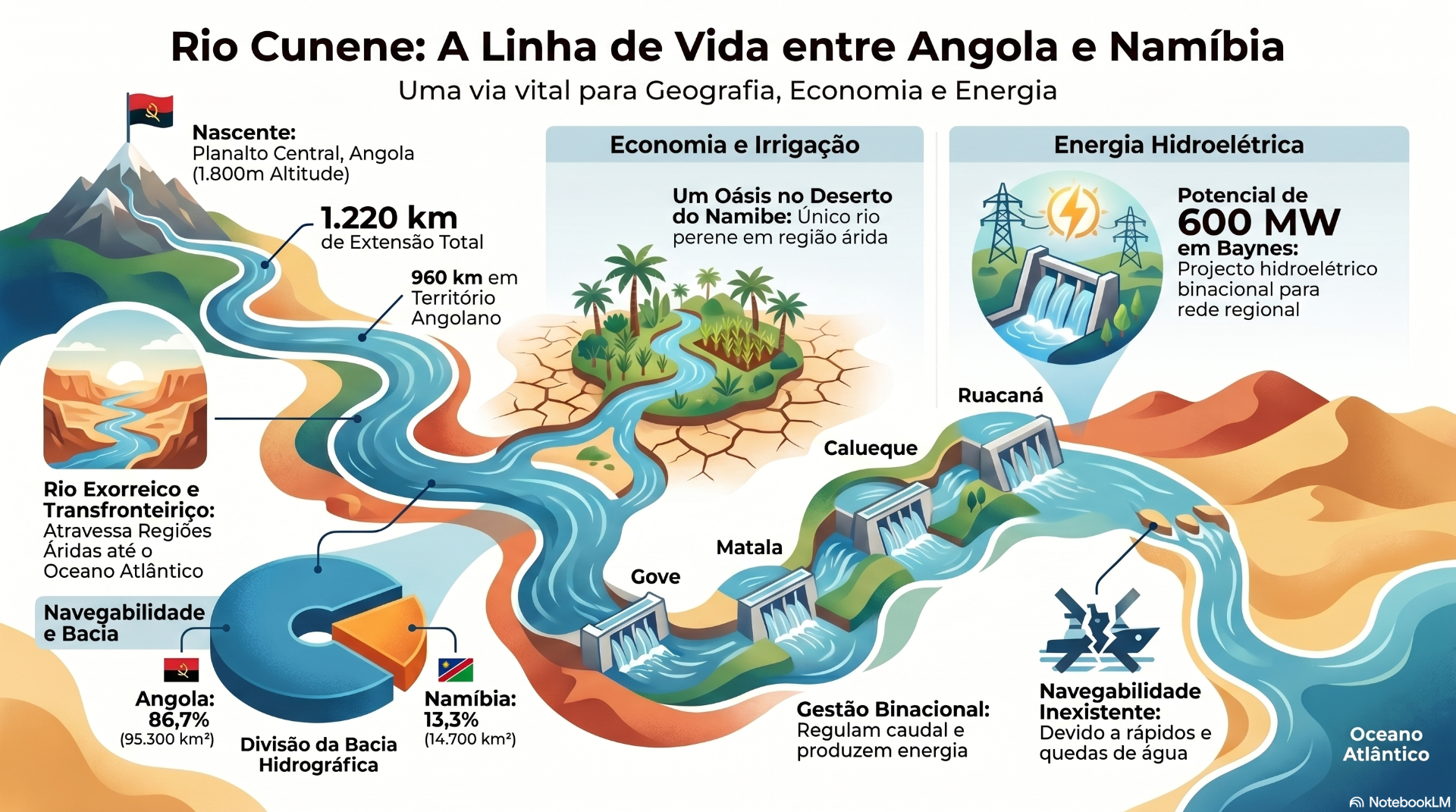Infográfico colorido mostra o rio Cunene entre Angola e Namíbia, com desertos, energia e irrigação.