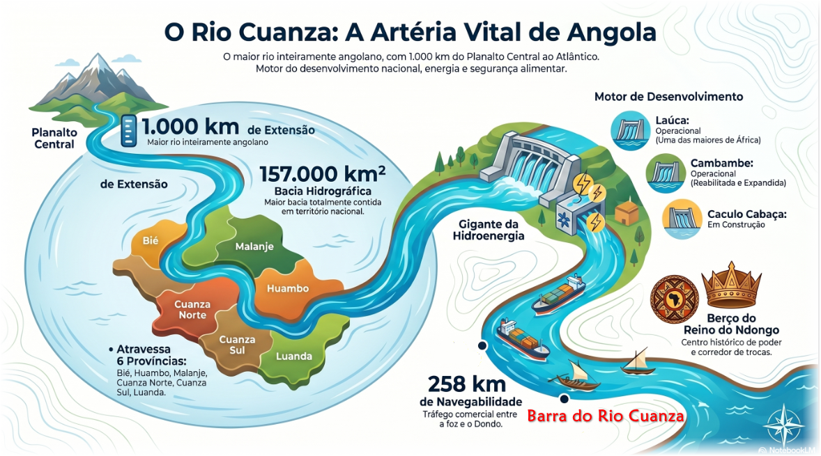 Infográfico mostra o rio Cuanza em Angola, com mapa, barragens, navegação e locais como Barra do Rio Cuanza.