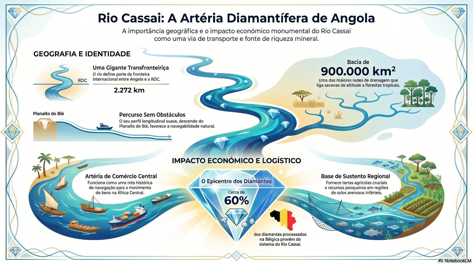 Infográfico colorido sobre o Rio Cassai em Angola, com mapa, rio azul, diamantes e dados econômicos.
