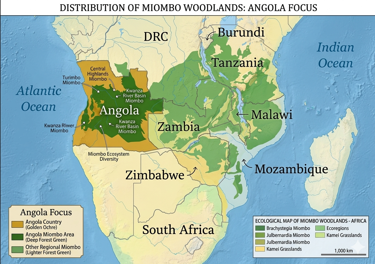 Map of Angola and surrounding countries showing miombo woodland regions, labels, and ocean names across Africa.