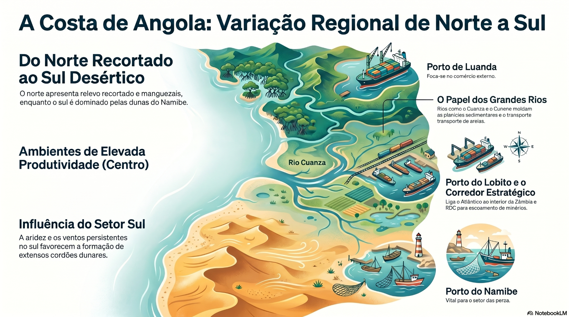 Mapa ilustrado de Angola com rios, portos e texto sobre variação regional norte-sul e desertificação.