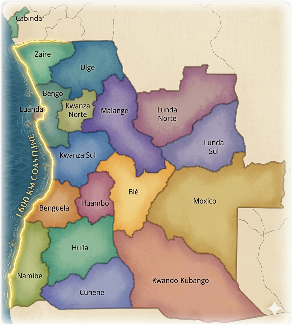 Mapa de Angola com províncias coloridas, nomes regionais e destaque da costa 1600 km.