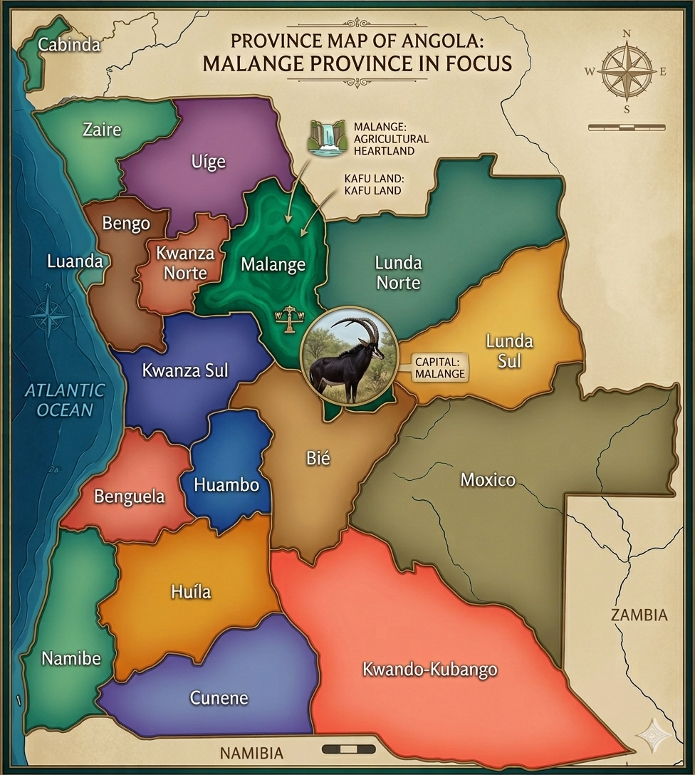 Mapa de Angola com província da Malanje em destaque, regiões e nomes, búfalo central e legenda.