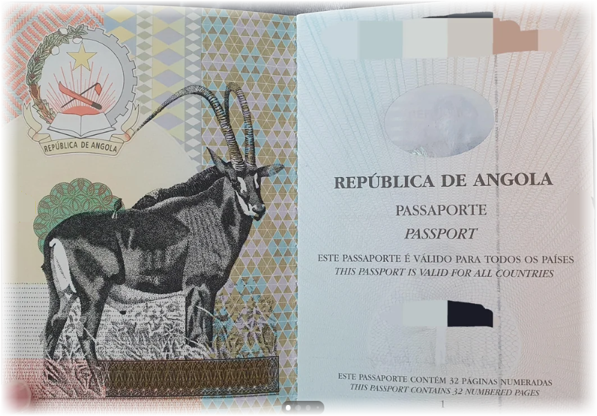 Passaporte da República de Angola aberto, com selo e ilustração de palanca negra ao lado.