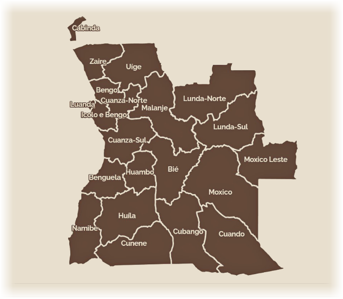 Stylized map of Angola with labeled provinces, including Cabinda, Luanda, Benguela, Huambo, and Moxico.
