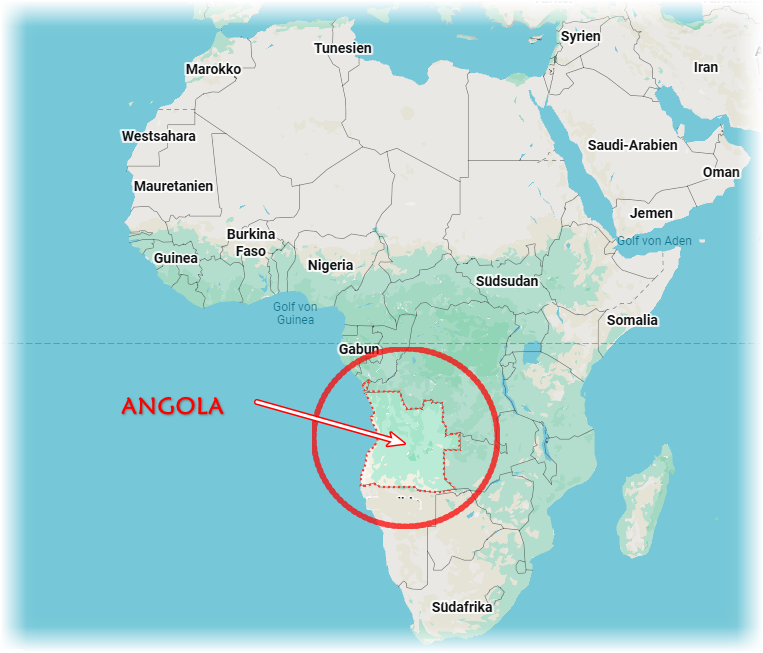 World map highlighting Angola in red, with a circled region in central Africa and an arrow pointing.