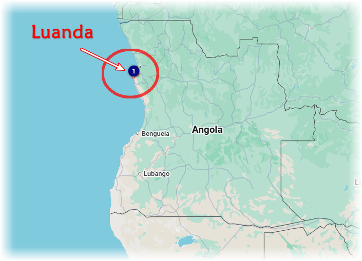 Map of Angola highlighting Luanda with a red circle and arrow pointing to a numbered marker.