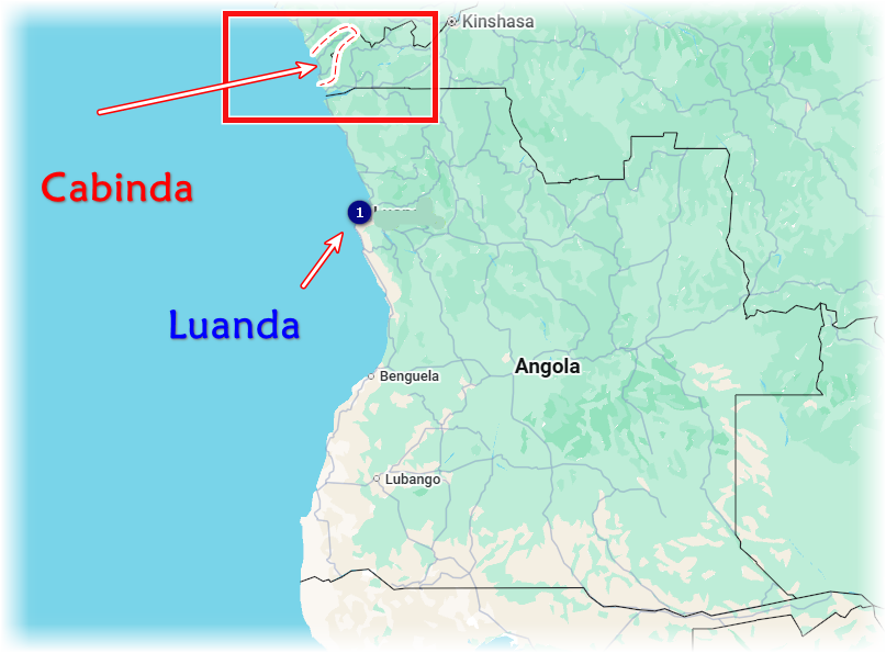 Map of Angola highlighting Cabinda and Luanda, with inset showing Kinshasa and a numbered marker.