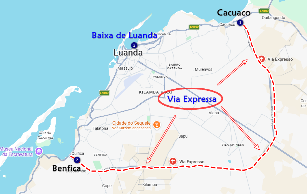 Mapa de Luanda com rotas destacadas em vermelho, pontos de referência e indicação Via Expressa.
