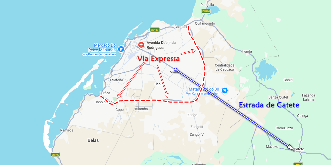 Mapa de rotas em Cacuaco e Catete, com vias Estrada de Catete e via expresso