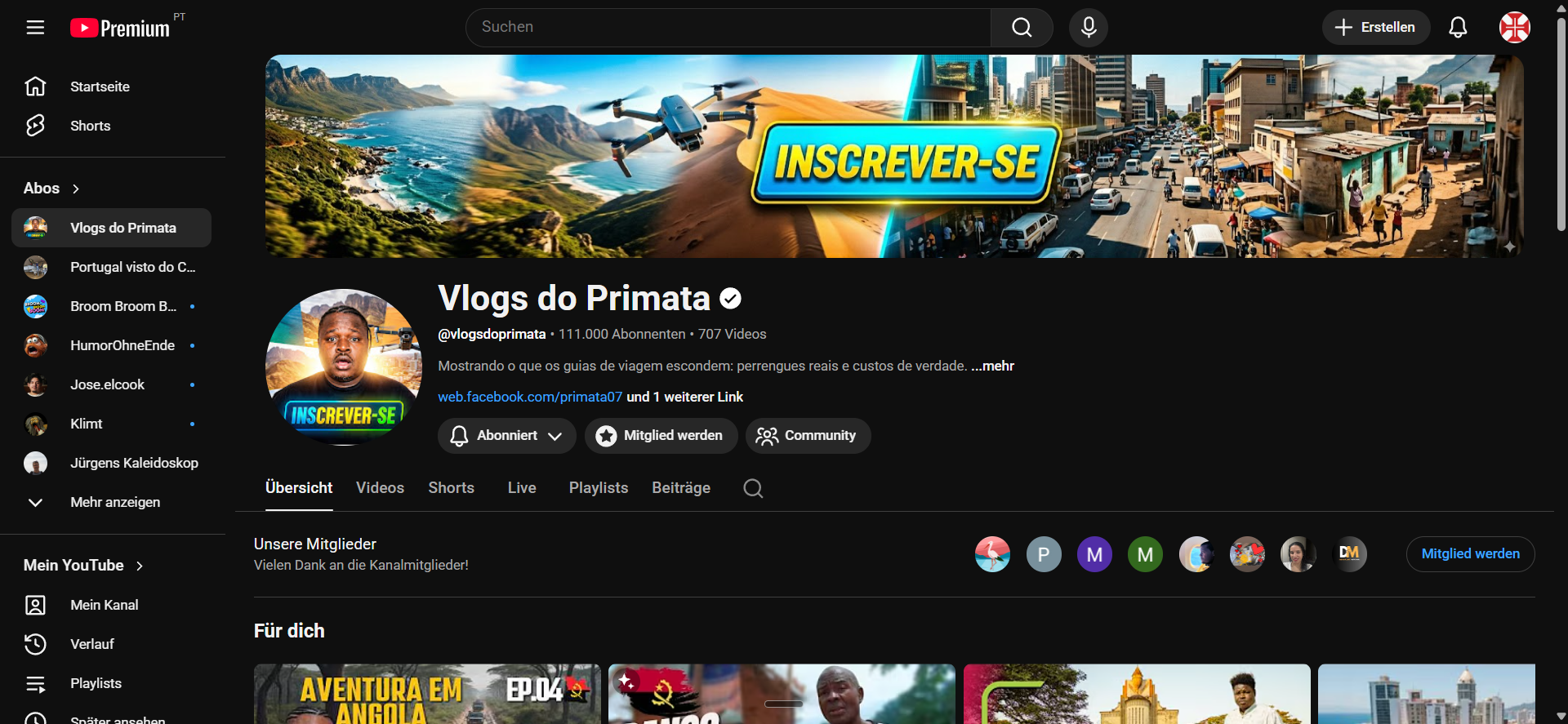 Página de canal do YouTube “Vlogs do Primata” com banner “INSCREVER-SE” e lista de vídeos.