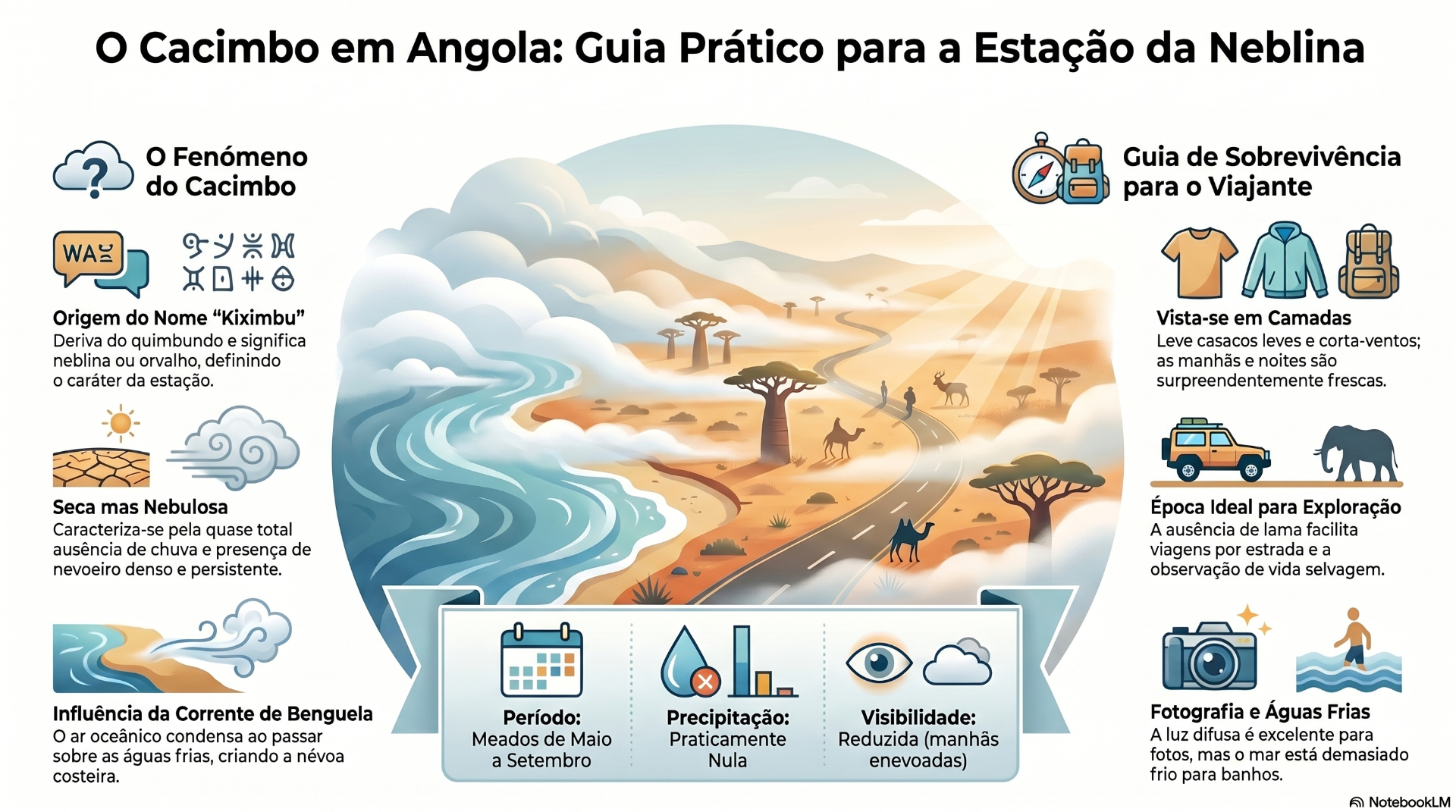 Ilustração informativa sobre o fenômeno do cacimbo em Angola, com paisagem, ícones e dicas de viagem.