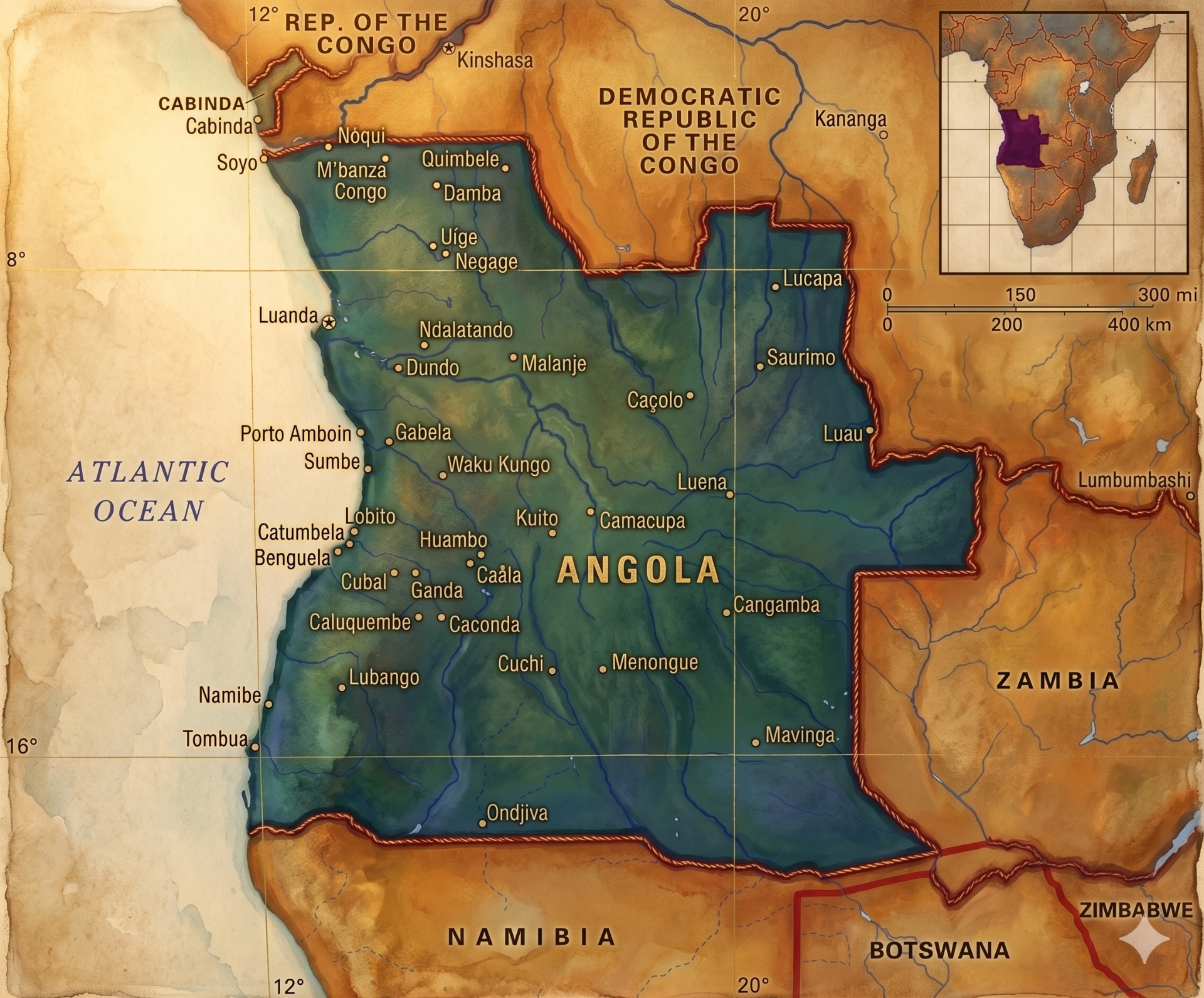 Map showing Angola and neighboring regions, with labeled cities, borders, and an inset map of Congo.