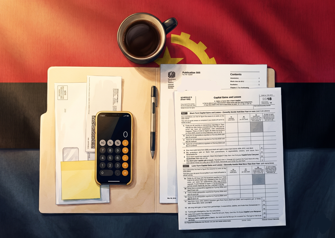 Mesa com xícara de café, calculadora e documentos financeiros abertos, fundo vermelho com seta amarela.