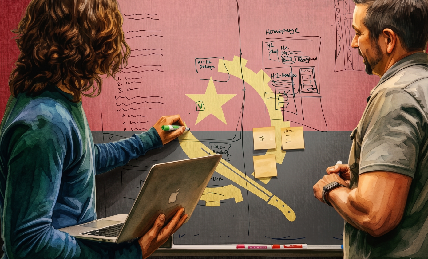 Dois colegas em uma mesa, desenhando wireframes em quadro rosa com post-its e caneta verde.