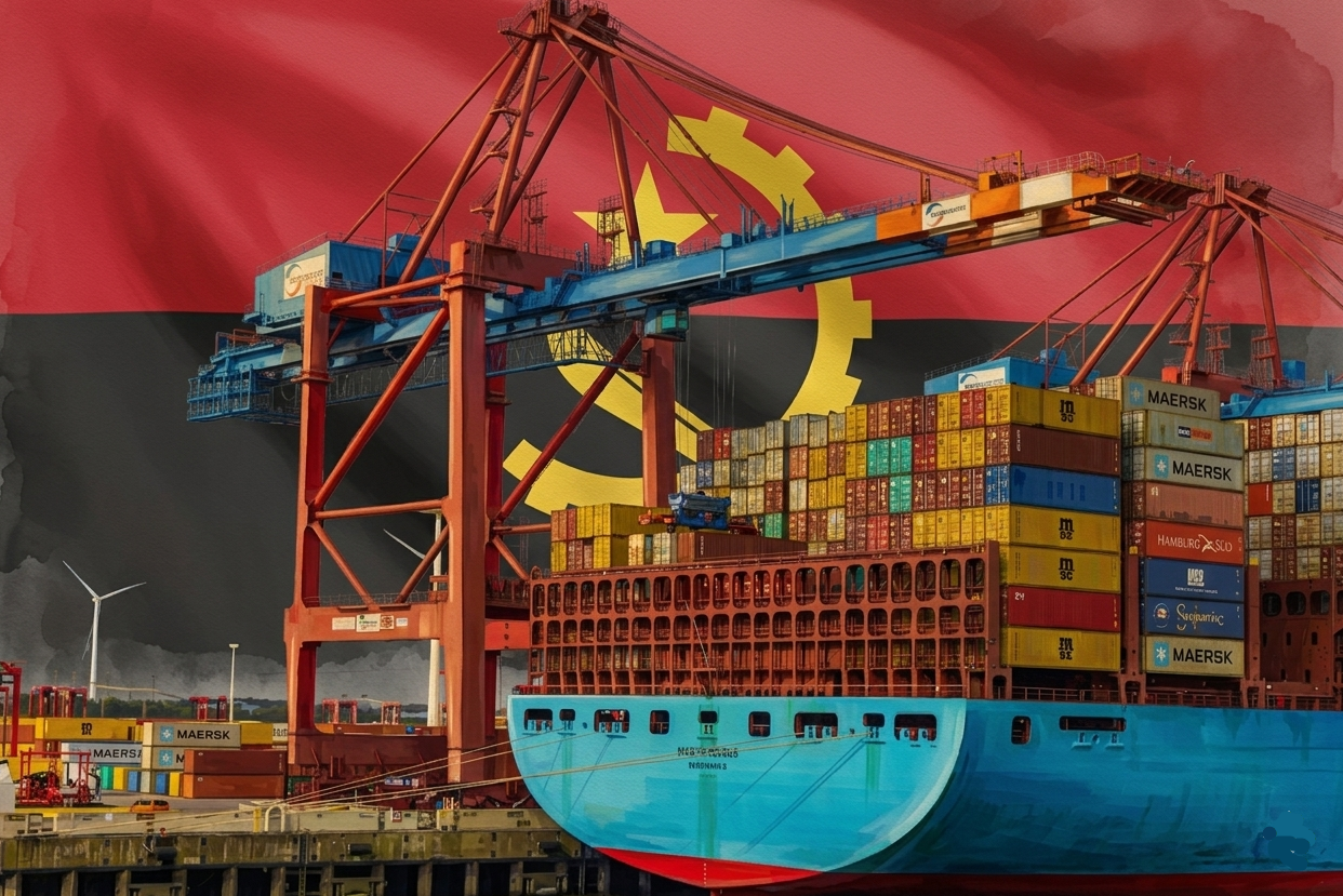 Guindaste industrial vermelho ergue contêineres e um navio porta-contêineres azul, com bandeira amarela ao fundo.