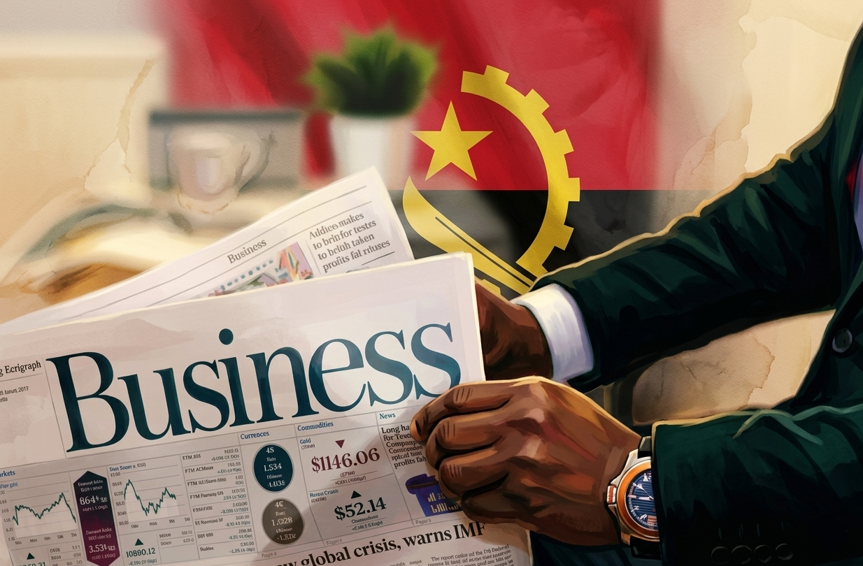 Business newspaper pages and financial charts held by a person, with Vietnam flag overlay in background.