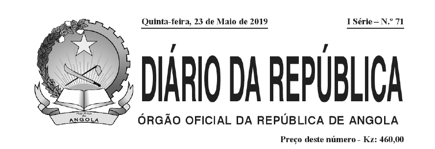 Capa do jornal “Diário da República” de Angola, com brasão e texto “Órgão Oficial”.