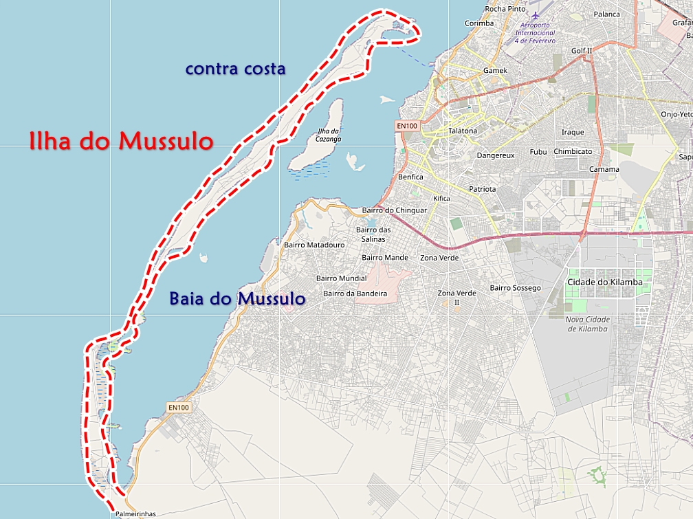 Mapa de Luanda com costa ao fundo, baía e linha vermelha tracejada destacando Mussulo.