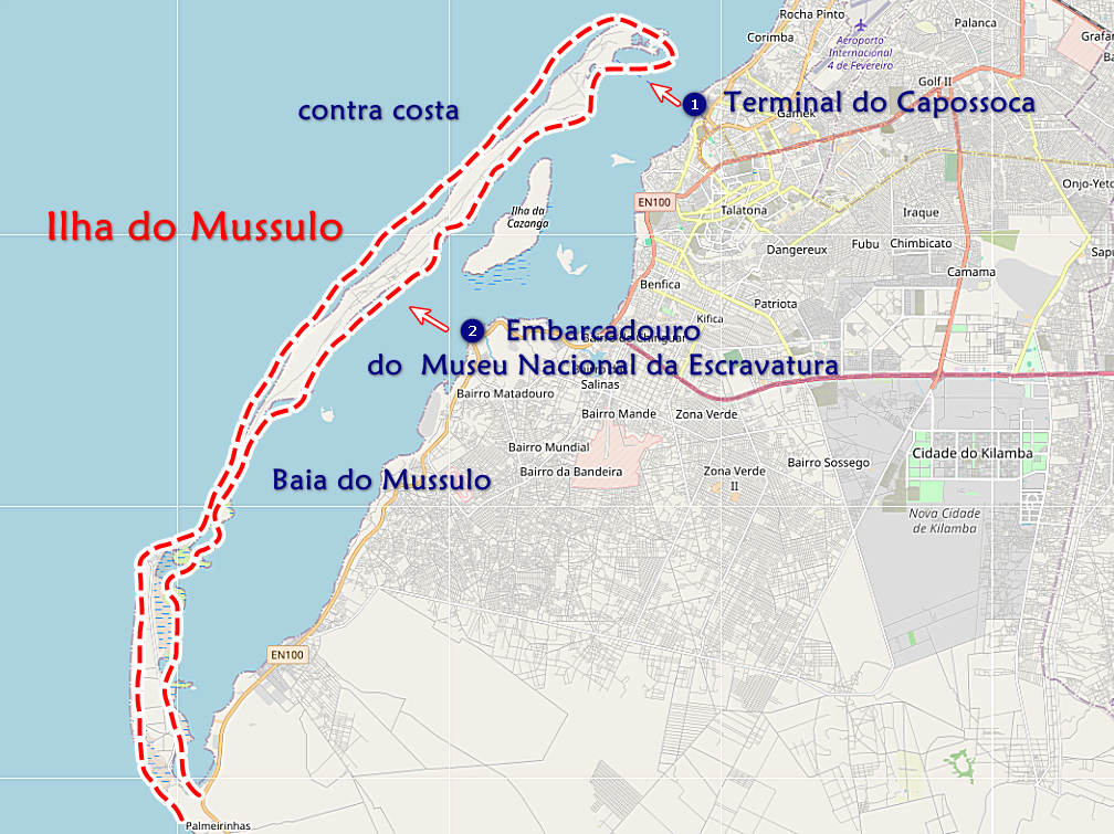 Mapa do Rio de Janeiro com rota destacada em vermelho, indicando Ilha do Mussulo e Terminal do Capossoca.