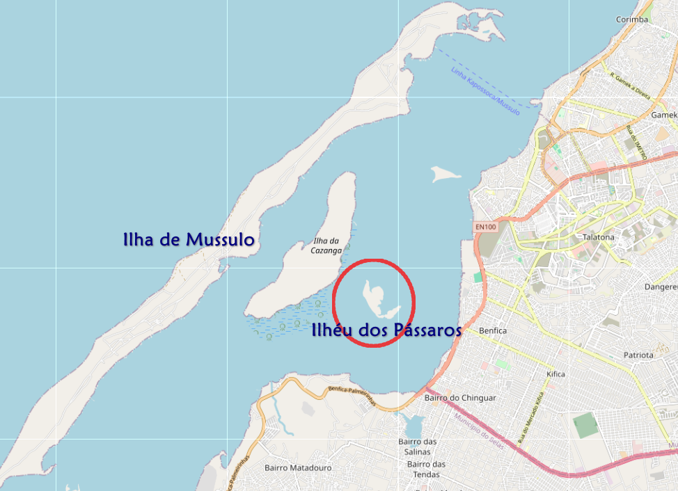 Mapa do ilha do Mussulo em Luanda com destaque em vermelho na Ilha dos Pássaros, próximo à costa.
