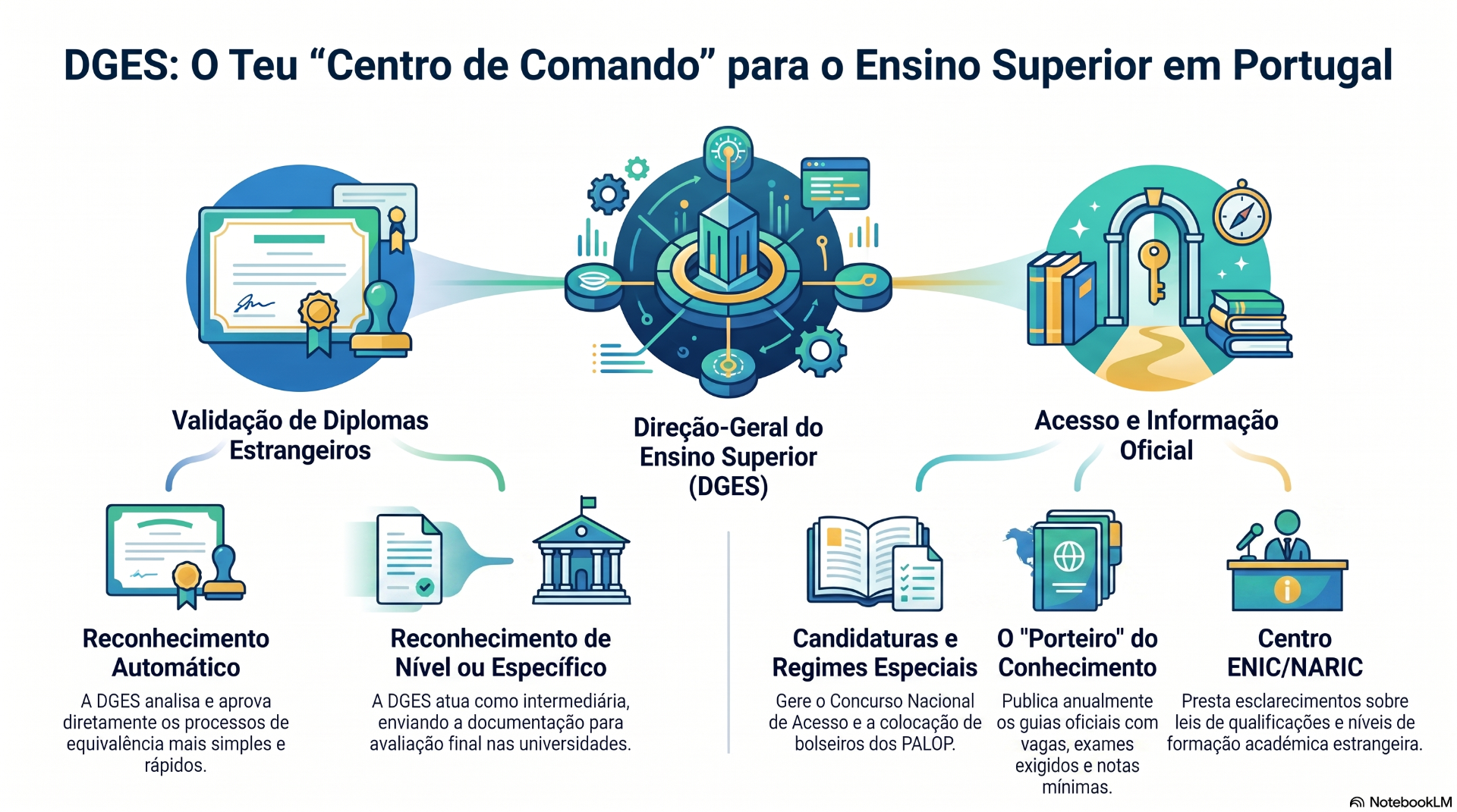 Infográfico colorido sobre DGES, com ícones de diplomas, ensino superior, acesso oficial e candidaturas.