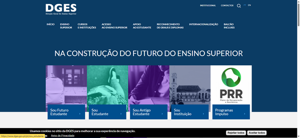 Site institucional da DGES com banner “Na construção do futuro do ensino superior” e cards de programas.