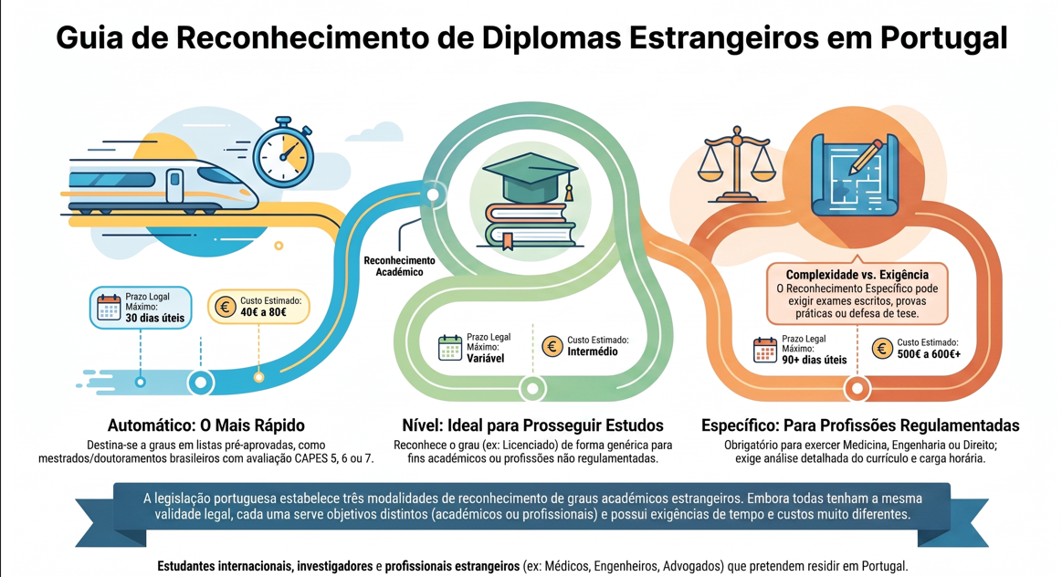 Infográfico colorido sobre reconhecimento de diplomas estrangeiros em Portugal, com prazos, custos e modalidades.