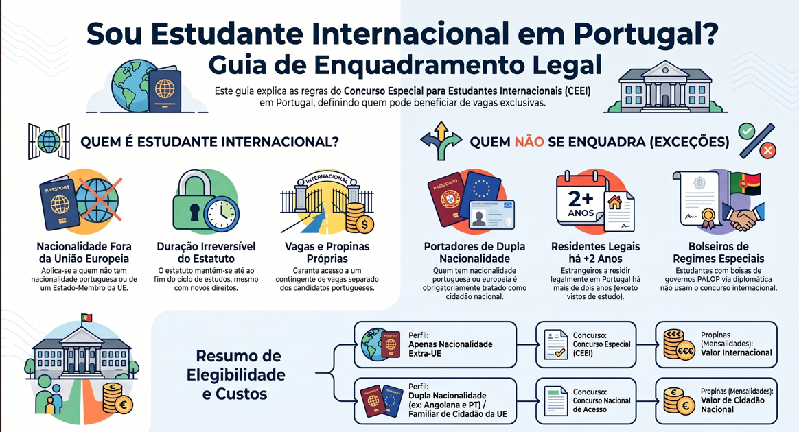 Infográfico em português sobre enquadramento legal de estudantes internacionais em Portugal, com ícones e caixas explicativas.