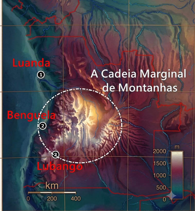 Mapa de Angola com fronteiras destacadas da Cadeia Marginal de Montanhas, regiões nomeadas e gráfico de elevação ao lado.
