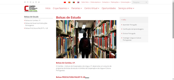 Página web com seção “Bolsas de Estudo” e foto de corredor de biblioteca com livros e pessoa.