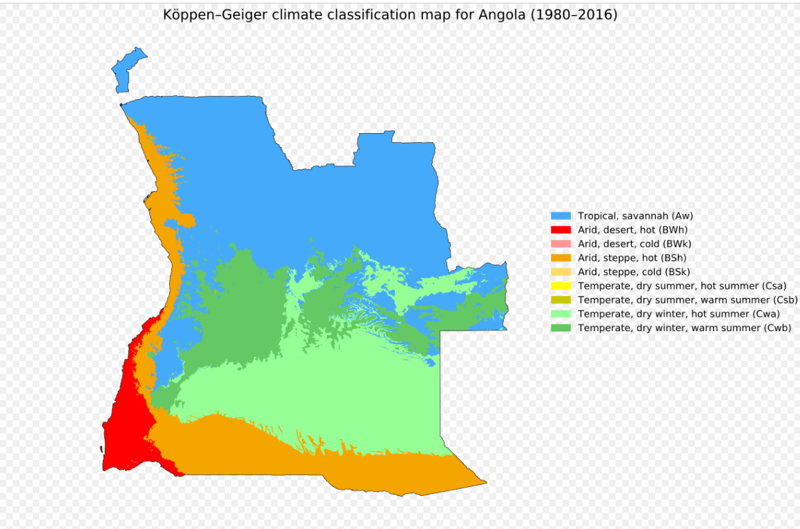 Mapa de classificação climática de Köppen-Geiger para Angola, com cores indicando diferentes tipos climáticos.