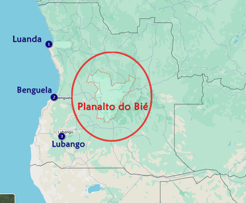 Mapa de Angola com destaque em vermelho para o Planalto do Bié, incluindo Luanda, Benguela e Lubango.