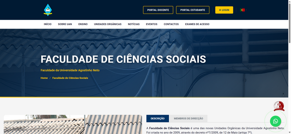 Site institucional da Faculdade de Ciências Sociais com banner azul e menu superior, incluindo botões de acesso.
