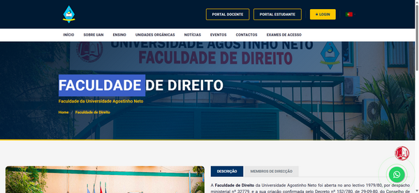 Site da Faculdade de Direito com banner azul, menu superior e imagem do prédio ao fundo.