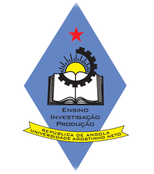 Emblema azul em forma de losango com estrela vermelha, engrenagens e livro aberto, texto “Ensino, Investigação, Produção”.
