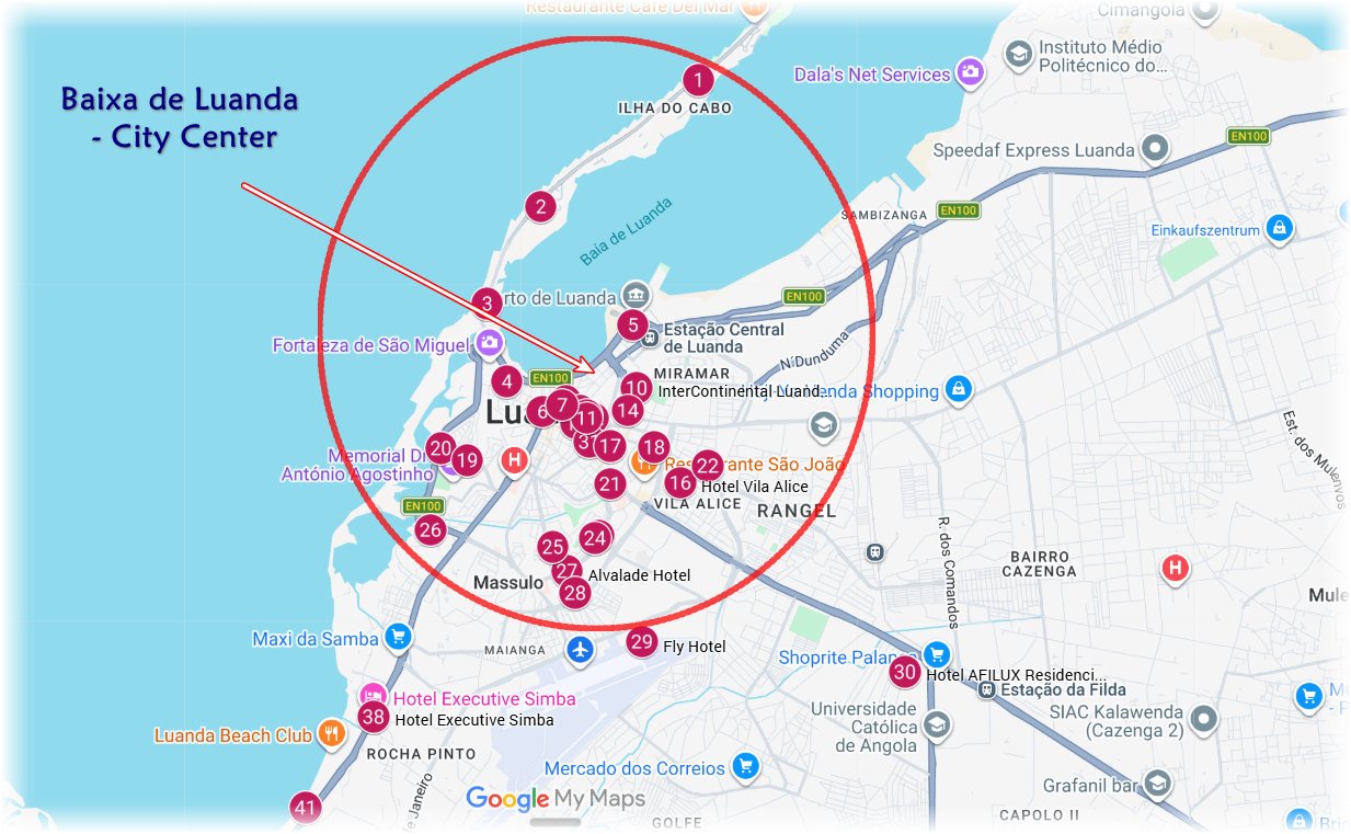Map of Luanda city center with numbered locations circled in red, showing landmarks and roads.