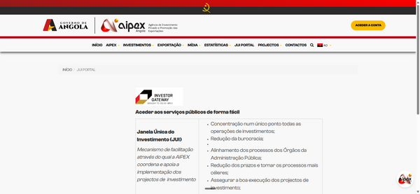 Site corporativo com logotipos, menu superior e texto sobre investimentos e projetos, em layout branco.