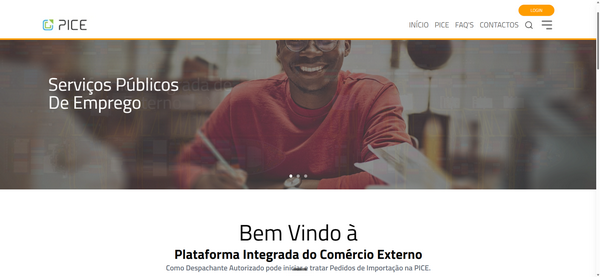 Página inicial do site PICE, com banner de pessoa trabalhando e texto “Bem Vindo à Plataforma Integrada”.