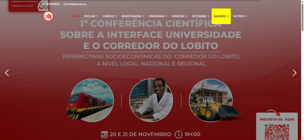 Fecuan website  de conferência científica com três fotos circulares, texto sobre interface universidade e datas 20 e 21 novembro.