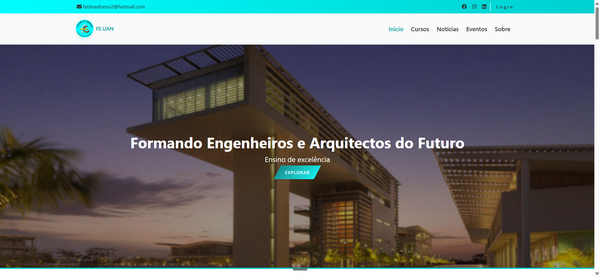 Site educacional com banner de arquitetura moderna ao entardecer, texto “Formando Engenheiros e Arquitetos do Futuro”.